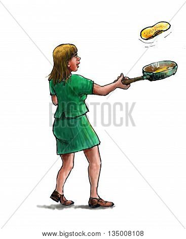Illustration of a woman baking pancakes. The pancake is thrown upwards.