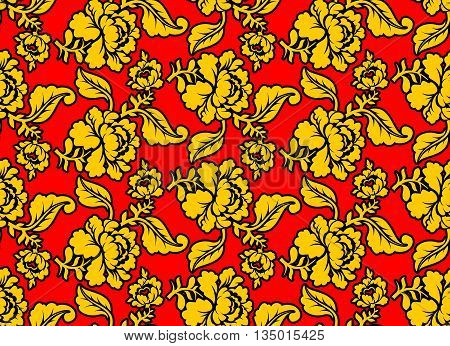 Russian National Pattern Hohloma. Traditional Folk Ornament In Russia. Yellow Flowers On Red Backgro