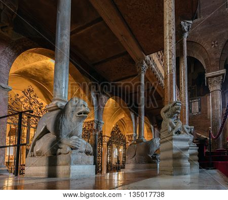 MODENA ITALY - APRIL 27 2016: Interior of the Modena Cathedral consecrated in 1184. The cathedral is an important Romanesque building in Europe and a UNESCO World Heritage Site since 1997.