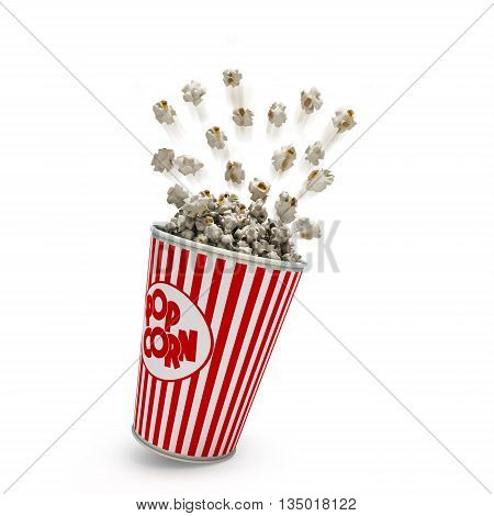 Popcorn In A Striped Red Glass Flies 3D Render On A White Background