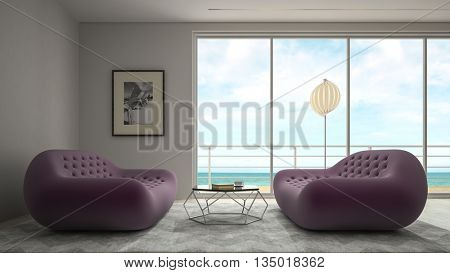 Interior modern design room with sea view 3D rendering