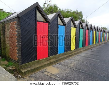 Beach huts pathway photographed at Lowestoft in Norfolk