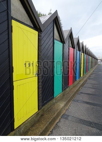 Beach huts pathway photographed at Lowestoft in Norfolk