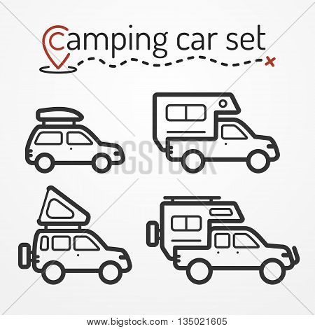 Set of camping car icons. Travel car symbols in silhouette line style. Camping cars vector stock illustration. Car, SUV and pickup with camping equipment.