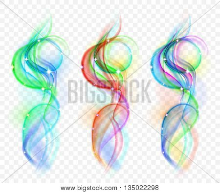 Set of translucent colored smokes with sparkles. Transparency only in vector file