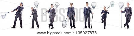 Colage of businessman with catching net on white