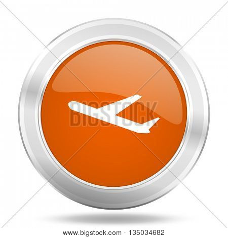 deparures vector icon, orange circle metallic chrome internet button, web and mobile app illustration