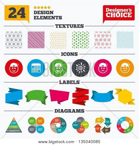 Banner tags, stickers and chart graph. Rapper smile face icons. Happy, sad, cry signs. Happy smiley chat symbol. Sadness depression and crying signs. Linear patterns and textures.