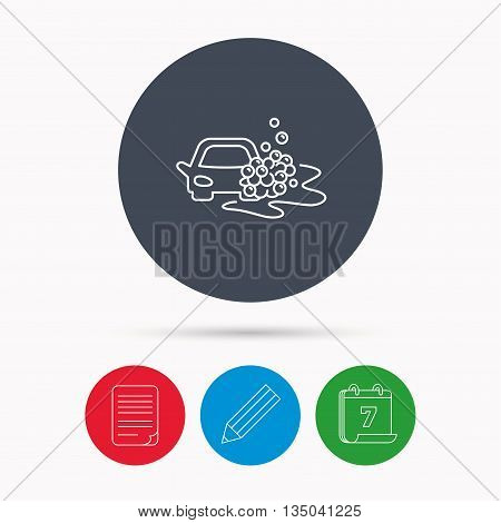 Car wash icon. Cleaning station sign. Foam bubbles symbol. Calendar, pencil or edit and document file signs. Vector