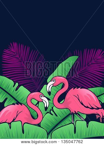 Vibrantly colored line art tropical background with flamingos. Graphics are grouped and in several layers for easy editing. The file can be scaled to any size.