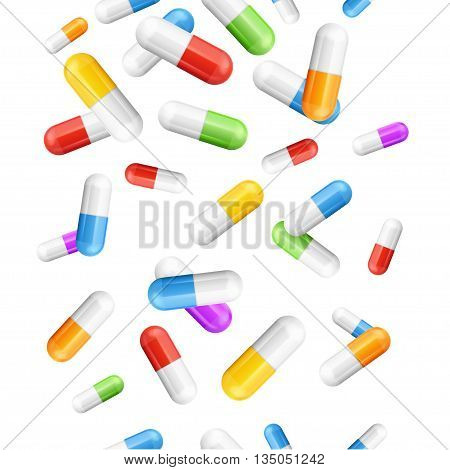 Falling Pills Color Capsules Medicine Background Pattern on White. Vector illustration