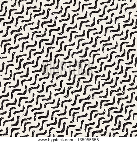 Vector Seamless Black And White Hand Drawn Daigonal Wavy Lines Grungy Pattern. Abstract Geometric Background Design