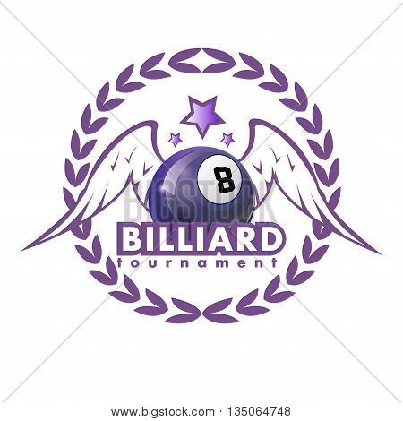 Vector Design Billiards, pool and snooker sport icon. Poolroom emblems design with balls, laurel wreath, stars and wings. Vector Illustration. Isolated on White.