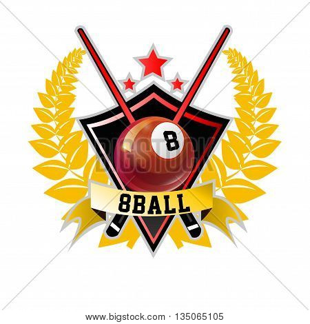 Vector Design Billiards, pool and snooker sport icon. Poolroom emblems design with balls, laurel wreath. Vector Illustration. Isolated on White.