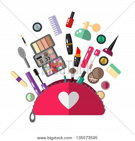 Cosmetic bag in flat style. Make up objects for cosmetic store - vector illustration. Flat cosmetics make up. Isolated cosmetic.