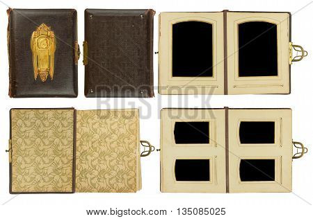 Cover and double pages of vintage photo album (circa 1900) with clasp and brass engraved decoration isolated on white contains clipping paths for all elements including photo frames