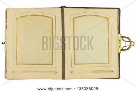Double page of vintage photo album (circa 1900) with clasp and two frames for inserting photos isolated on white background contains working paths for all elements including photo frames