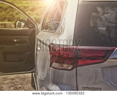 Wroclaw, Poland, May 28, 2016: Close Up On Mitsubishi Sign On Back Of Outlander On Motoshow On May 2