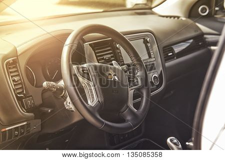 Wroclaw, Poland, May 28, 2016: Close Up On Mitsubishi Outlander Sterring Wheel On Motoshow On May 28