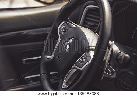 Wroclaw, Poland, May 28, 2016: Close Up On Mitsubishi Outlander Sterring Wheel On Motoshow On May 28