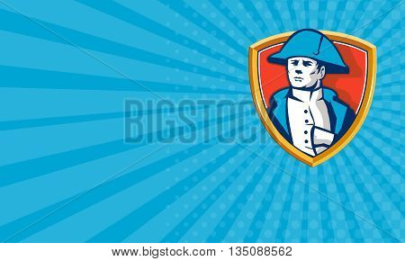 Business card showing illustration of French general commander Napoleon Bonaparte wearing bicorne bicorn hat twihorn hat with hand inside coat set inside shield crest done in retro style.