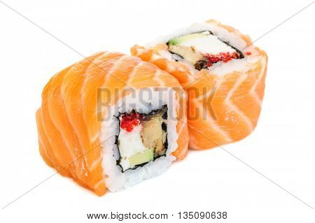 Uramaki maki sushi, two rolls isolated on white. Salmon with philadelphia, shrimp, avocado, eel and tobico