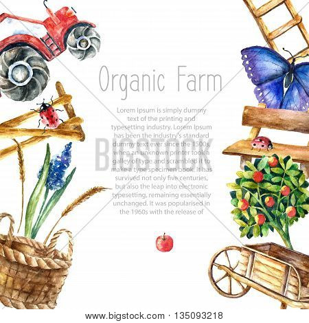 Watercolor organic farm frame. Greeting card background with tractor, sunflower, truck, fence, basket, butterfly, ladybug and spica with place for text. vector
