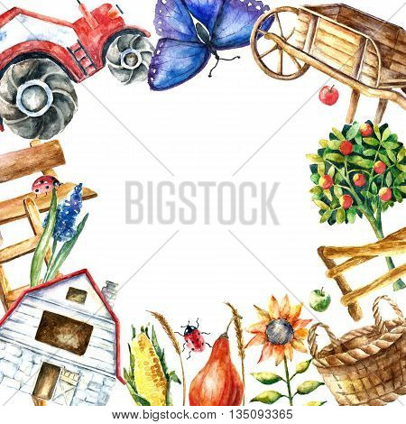 Watercolor organic farm round frame. Hand drawn objects tractor, sunflower, truck, fence, basket, butterfly, ladybug and spica with place for text.vector