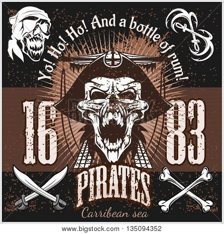Vintage Pirate Labels or Design Elements With Retro Textures on dark background.
