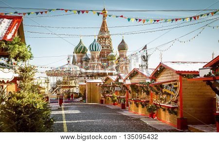Christmas village fair on Red Square in Moscow Russia
