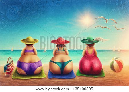 Cute plump woman sitting on the beach