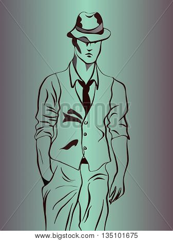 sketch of a young man in a hat and tie wearing a jacket with short sleeves