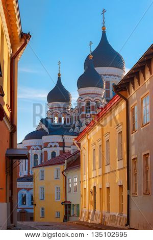 Russian Orthodox Alexander Nevsky Cathedral and narrow street of Old Town Toompea in the evening, Tallinn, Estonia