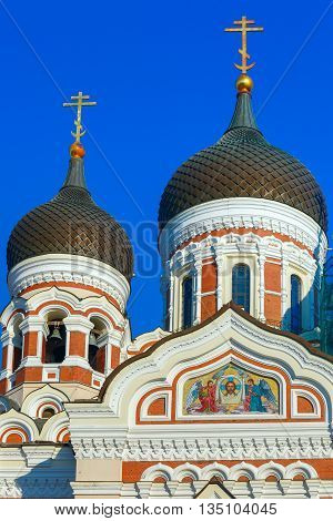 The domes and belfry of Russian Orthodox Alexander Nevsky Cathedral in Old Town Toompea in the evening, Tallinn, Estonia