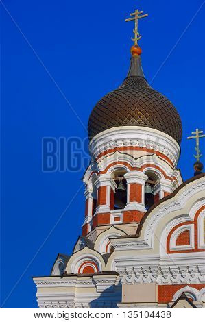 The dome and belfry of Russian Orthodox Alexander Nevsky Cathedral in Old Town Toompea in the evening, Tallinn, Estonia