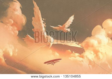 birds shaped cloud in sunset sky, illustation painting