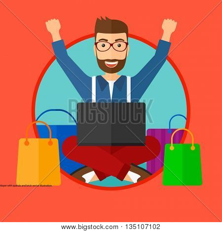 Man with hands up using laptop for shopping online. Customer sitting with shopping bags around him. Man doing online shopping. Vector flat design illustration in the circle isolated on background.