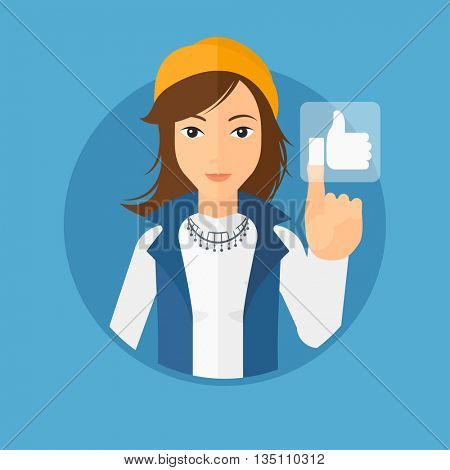 Young woman pressing like button. Woman pressing modern social button with thumb up. Woman pressing social network button. Vector flat design illustration in the circle isolated on background.