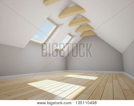 Empty new room with mansard windows. 3D illustration.