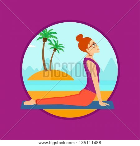 Woman practicing yoga upward dog position. Woman meditating in yoga upward dog position on the beach. Woman doing yoga on nature. Vector flat design illustration in the circle isolated on background.
