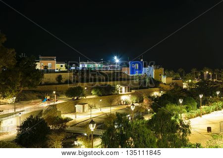 A park and the skyline of Vilaljoyosa in Spain with some multicolored houses at night