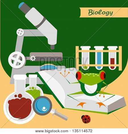 Biology. Microscope with books and funny frog. Biological experiments. Laboratory