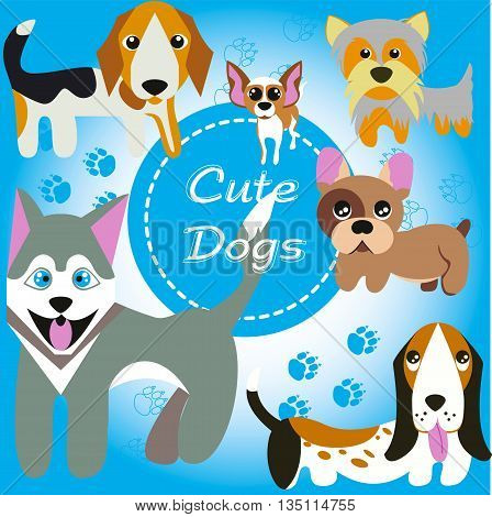 Cute funny dogs. Beagle, Husky, French Bulldog, Yorkshire Terrier, Chihuahua, Bassett