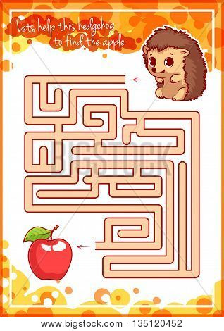 Maze game for kids with hedgehog and apple. Let's help this hedgehog to find the apple. Vector template page with game.
