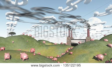 Surreal landscape with factory and pigs moving toward factory 3D Render