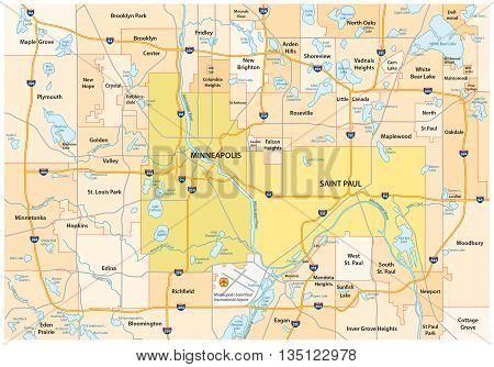 Minneapolis-Saint Paul road and administrative vector map
