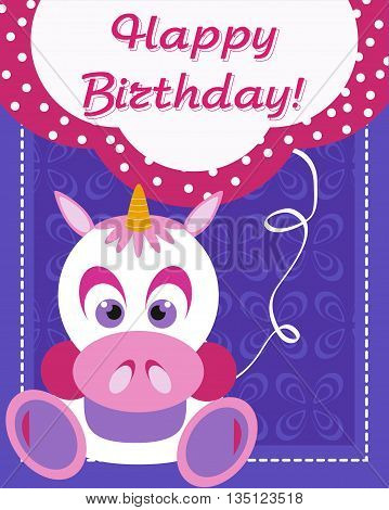 Postcard birthday. Cute unicorn with balloon. Pink card for little princess