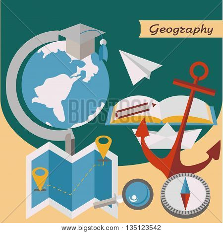 Geography. Globe, map, compass. Open book. Vector illustration