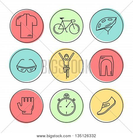Set of 9 Bicycle Race modern linear icons. Black outline templates of cycling in colorful circles isolated on white. Bicycling elements and accessories made in trendy thin line style vector.