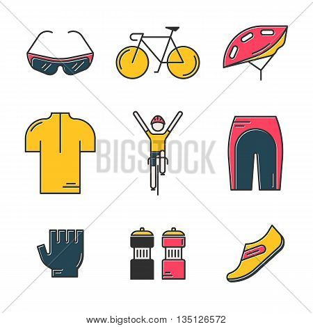 Set of 9 Bicycle Race modern colorful icons. Bright templates of cycling in isolated on white background. Bicycling elements and accessories made in trendy thin line style vector.